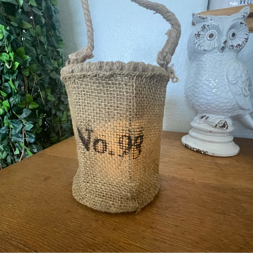 No. 98 Natural Jute Hanging Hurricane Basket, Wax candle included